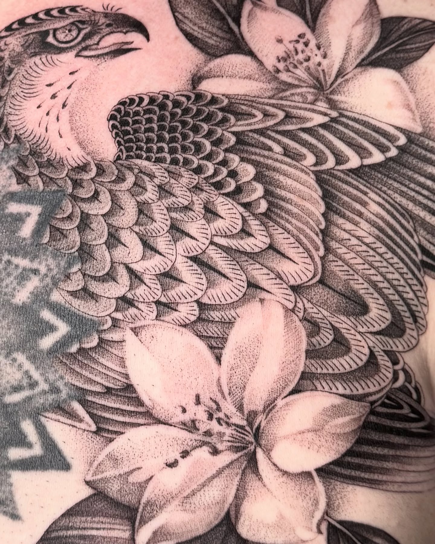 Bird and flowers dotwork tattoo by Carla AKA Turnip girl