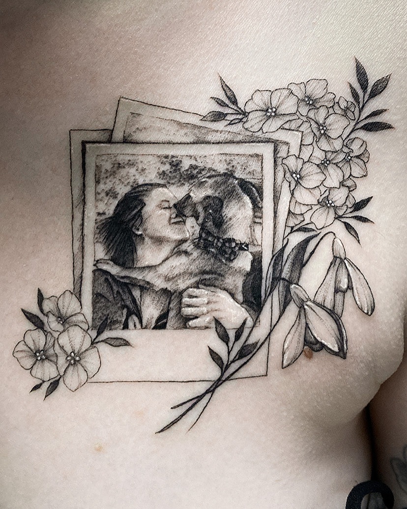 Couple kissing realism tattoo on the chest by Jen Petronella