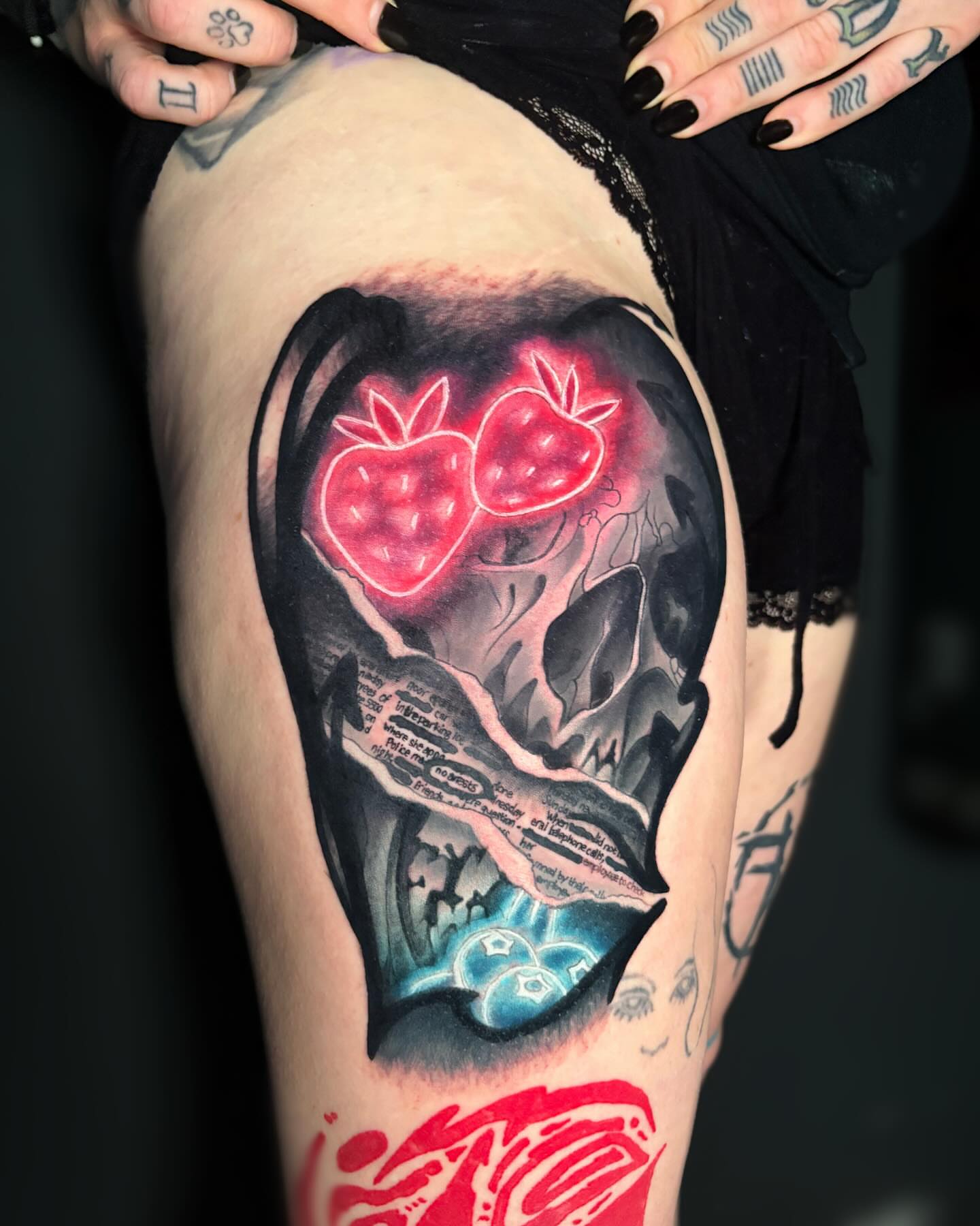 Skull with apples American traditional tattoo on the thigh by Brian Overholt