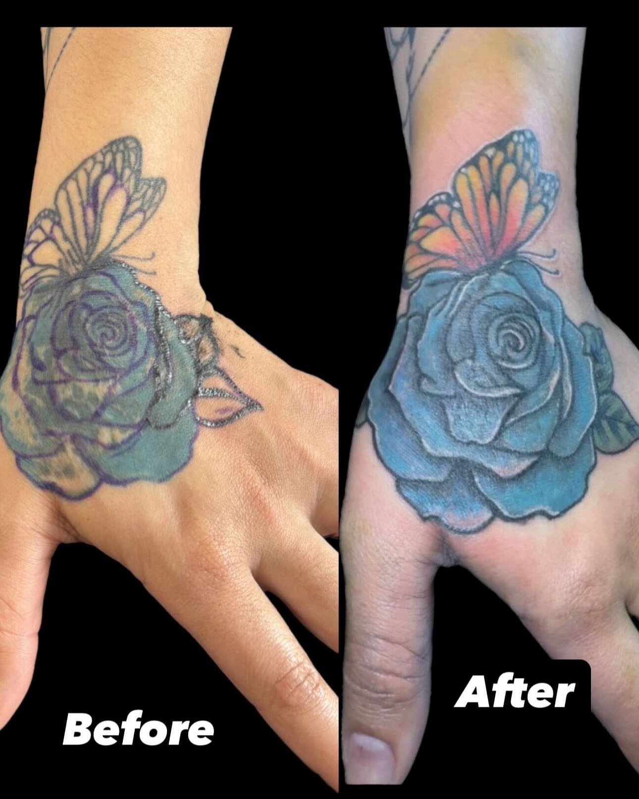 Rose and butterfly new school tattoo on the hand by Jihaad staley π¦, Charlotte, North Carolina