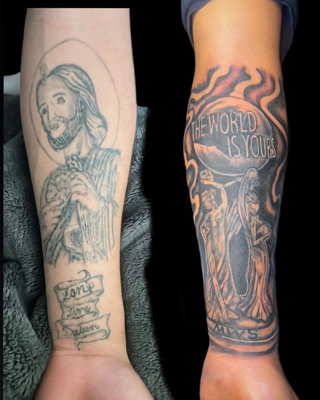 Religious figure black and grey tattoo on the forearm by Jihaad staley π¦, Charlotte, North Carolina