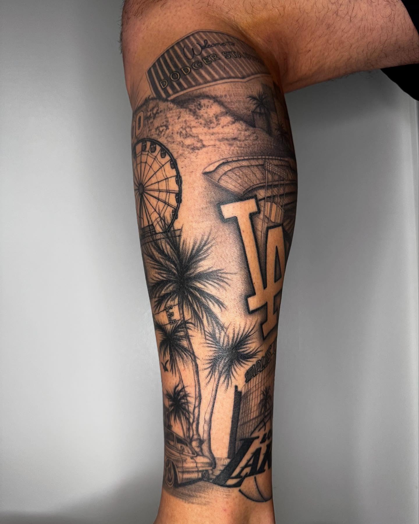 Dodger Stadium black and grey tattoo on the forearm by Austin Tattoo Artist, Austin, Texas