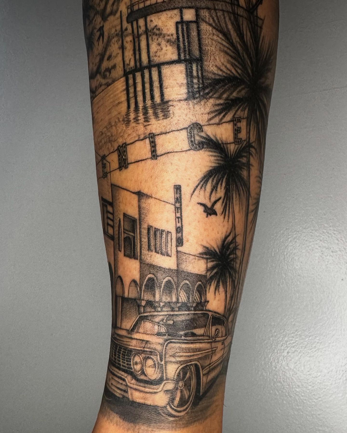 Beachside scene realism tattoo on the forearm by Austin Tattoo Artist, Austin, Texas