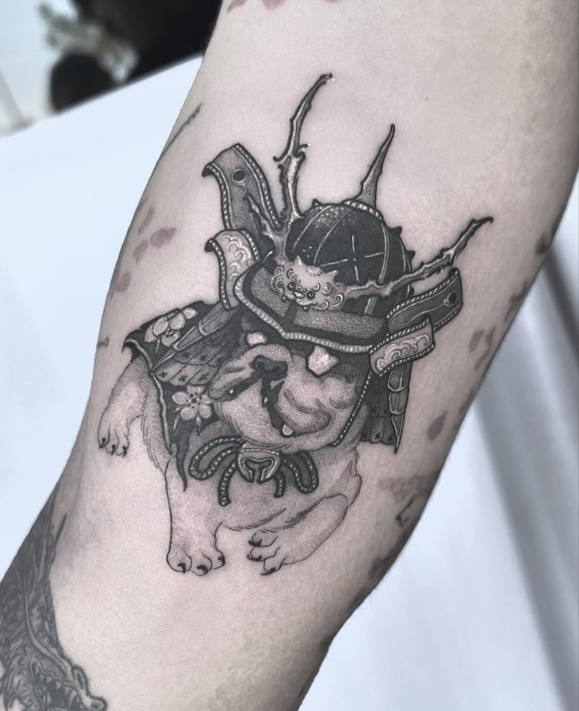Dog wearing samurai armor realism tattoo on the forearm by Joshua Hung, Alhambra, California