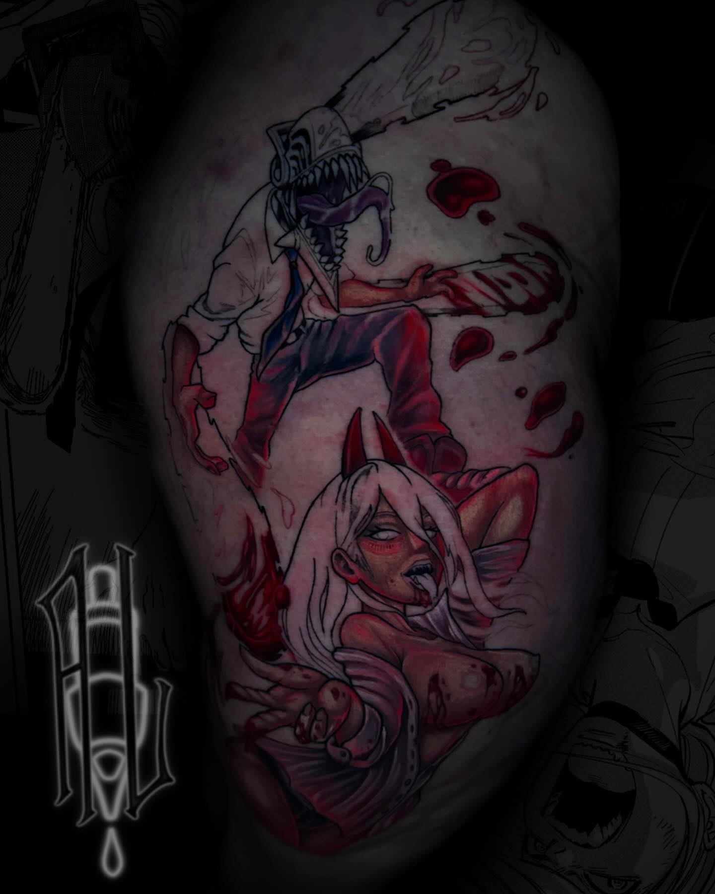 Demon and woman dark realism tattoo on the thigh by Andrew Luce