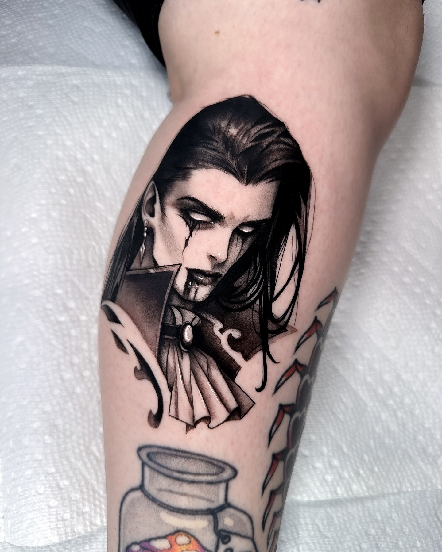 Vampire dark realism tattoo on the forearm by Tattoos in Federal Way, WA🖤