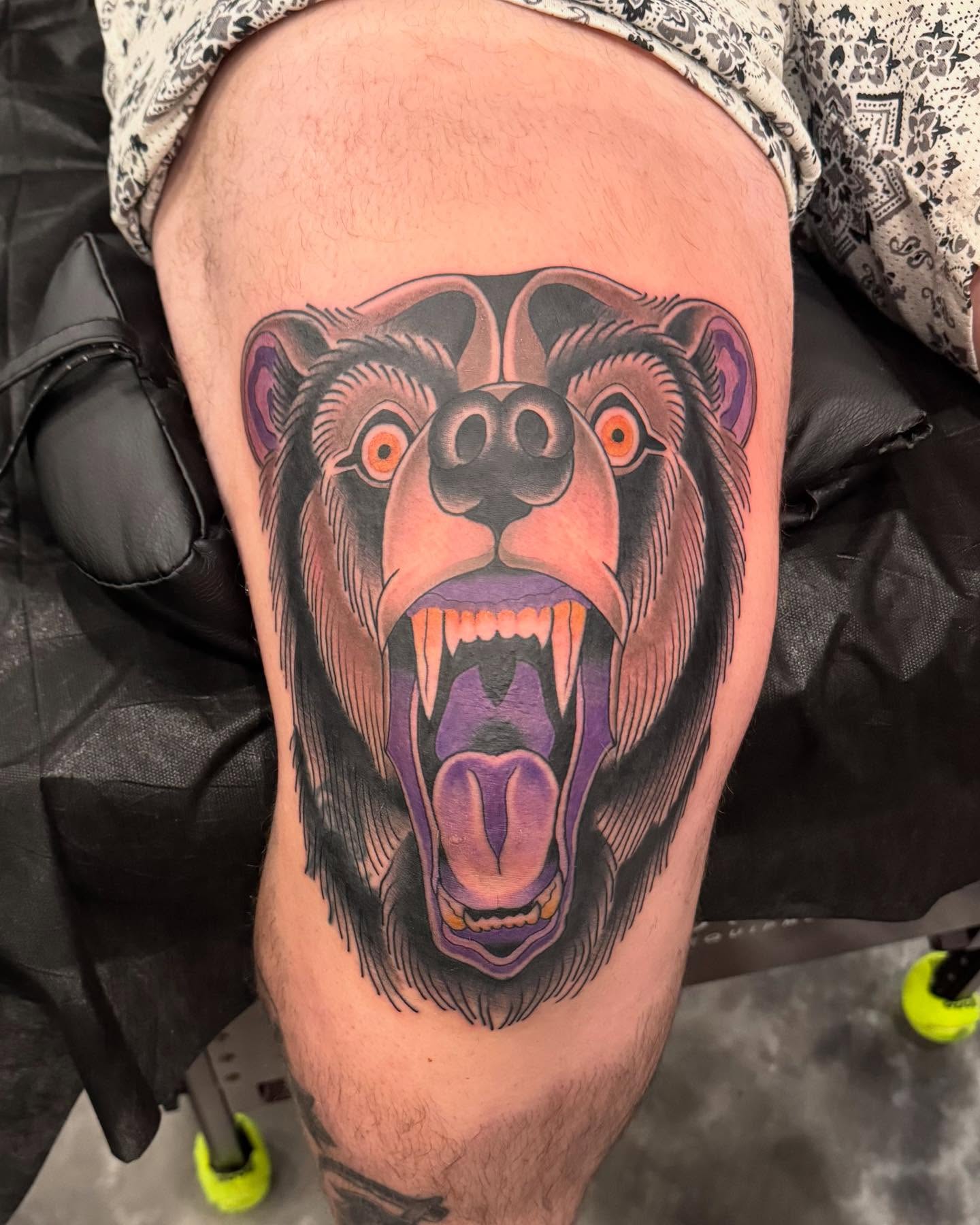 Bear American traditional tattoo on the thigh by Jay Espinoza-AZ Tattooer