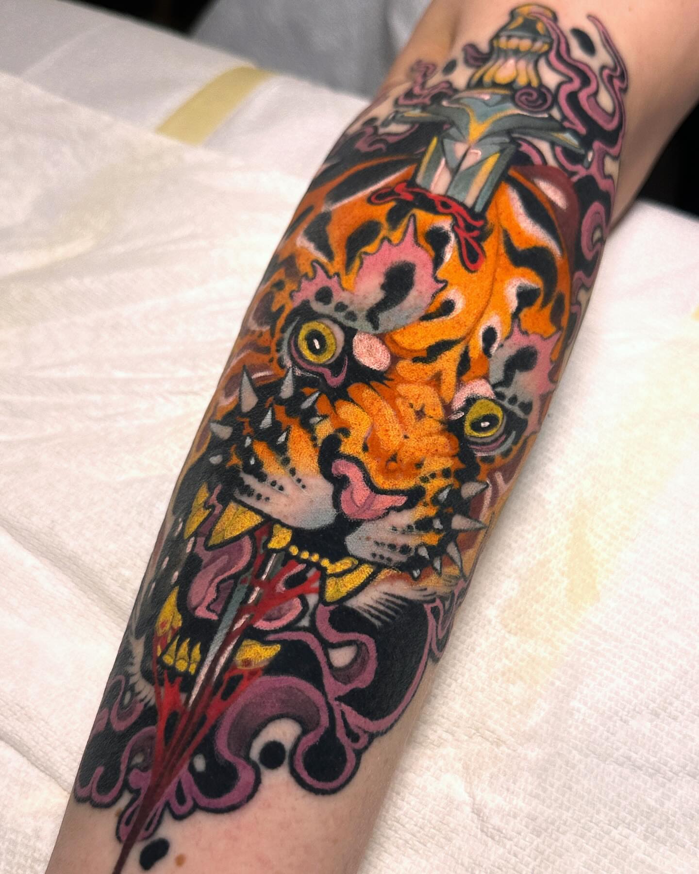 Tiger American traditional tattoo on the forearm by Claire Evans, San Francisco, California