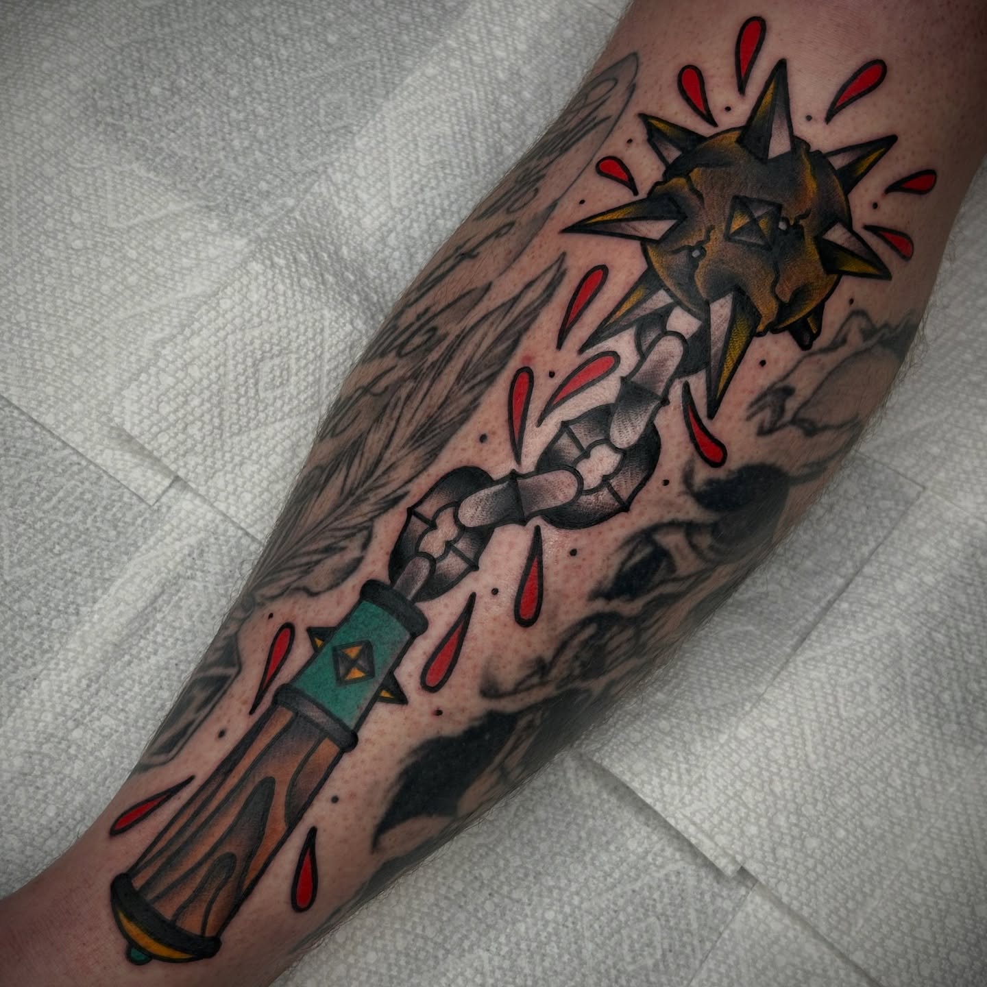 Sword and wolf American traditional tattoo on the forearm by Bright-bold-classic Tattoos, North Hills