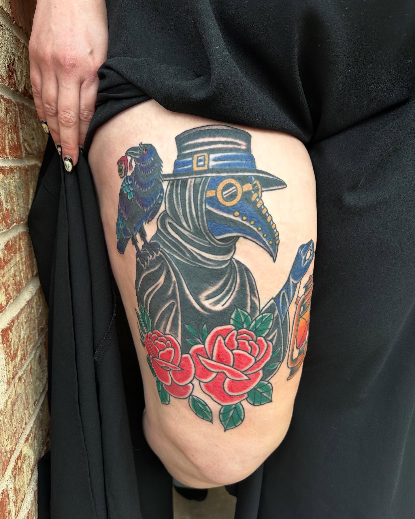 Plague doctor American traditional tattoo on the thigh by Whitney Creep Tattoos
