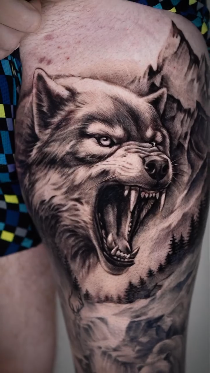 Wolf and landscape realism tattoo by Tattoo Artist Miami & la, Hollywood, Florida