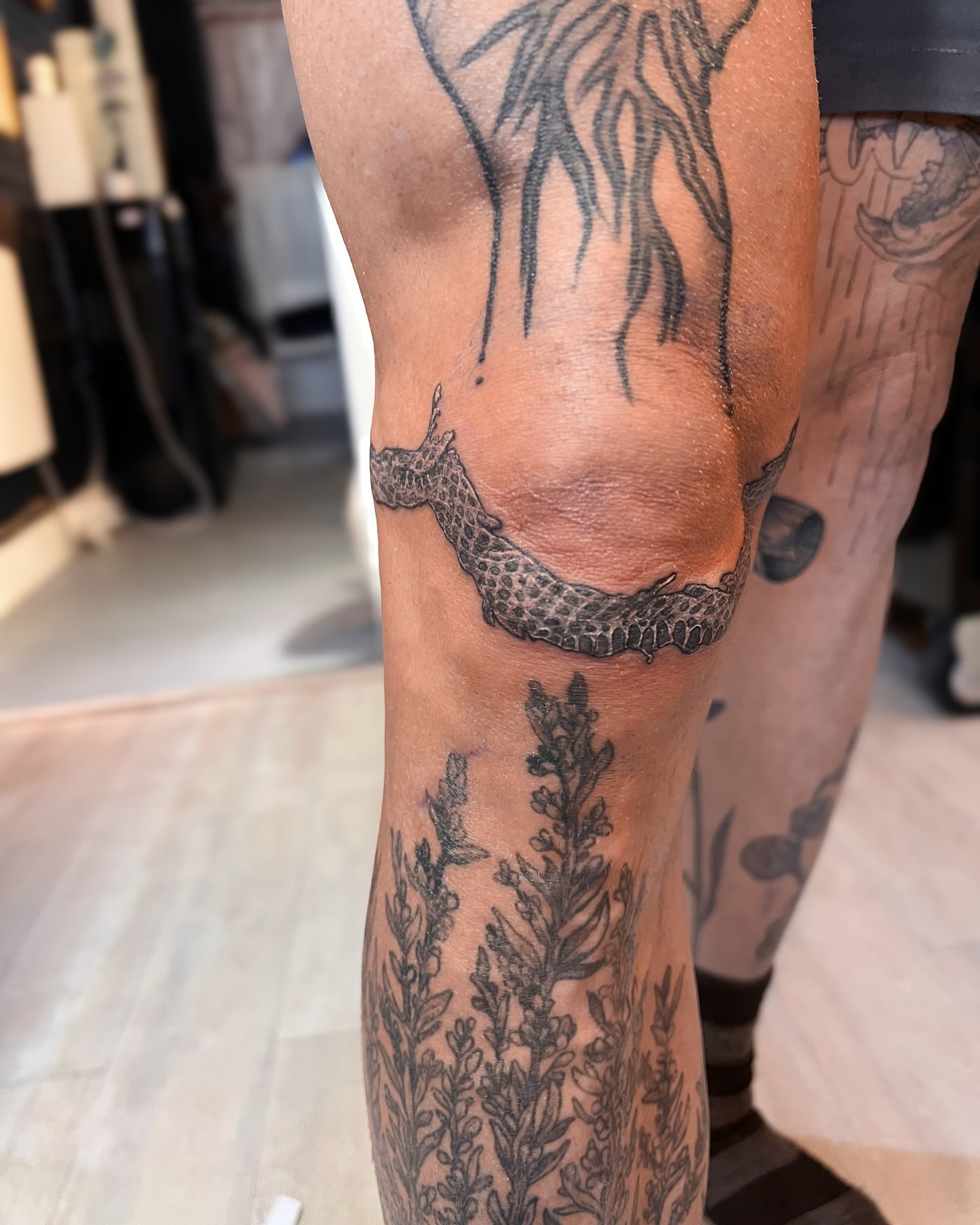 Snake and plants black and grey tattoo on the leg by 𝗝𝗲𝘀𝘀𝗶𝗲 𝗩𝗶𝗼𝗹𝗲𝘁