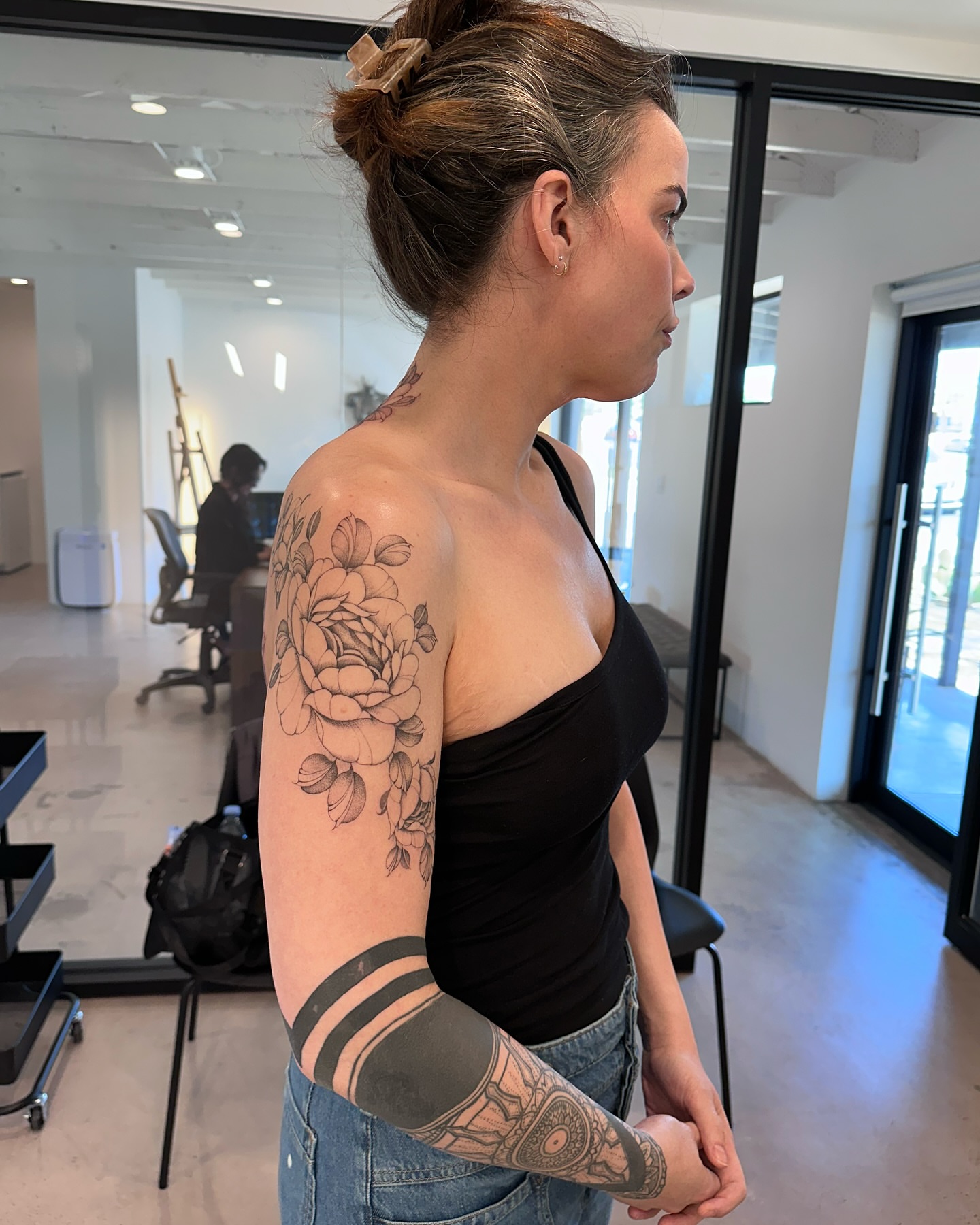 Floral design black and grey tattoo on the upper arm by ᴍɪᴄʜᴇʟʟᴇ, New York, New York