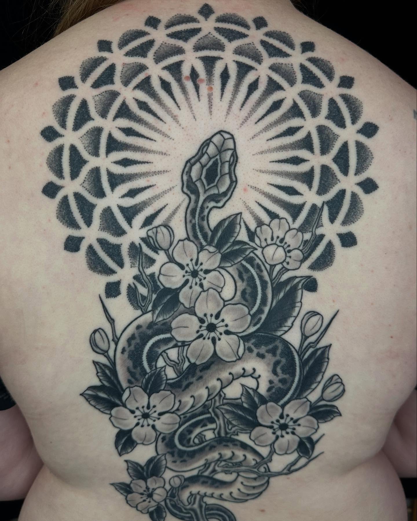 Snake and blossoms dotwork tattoo on the back by Owlyn Madrone