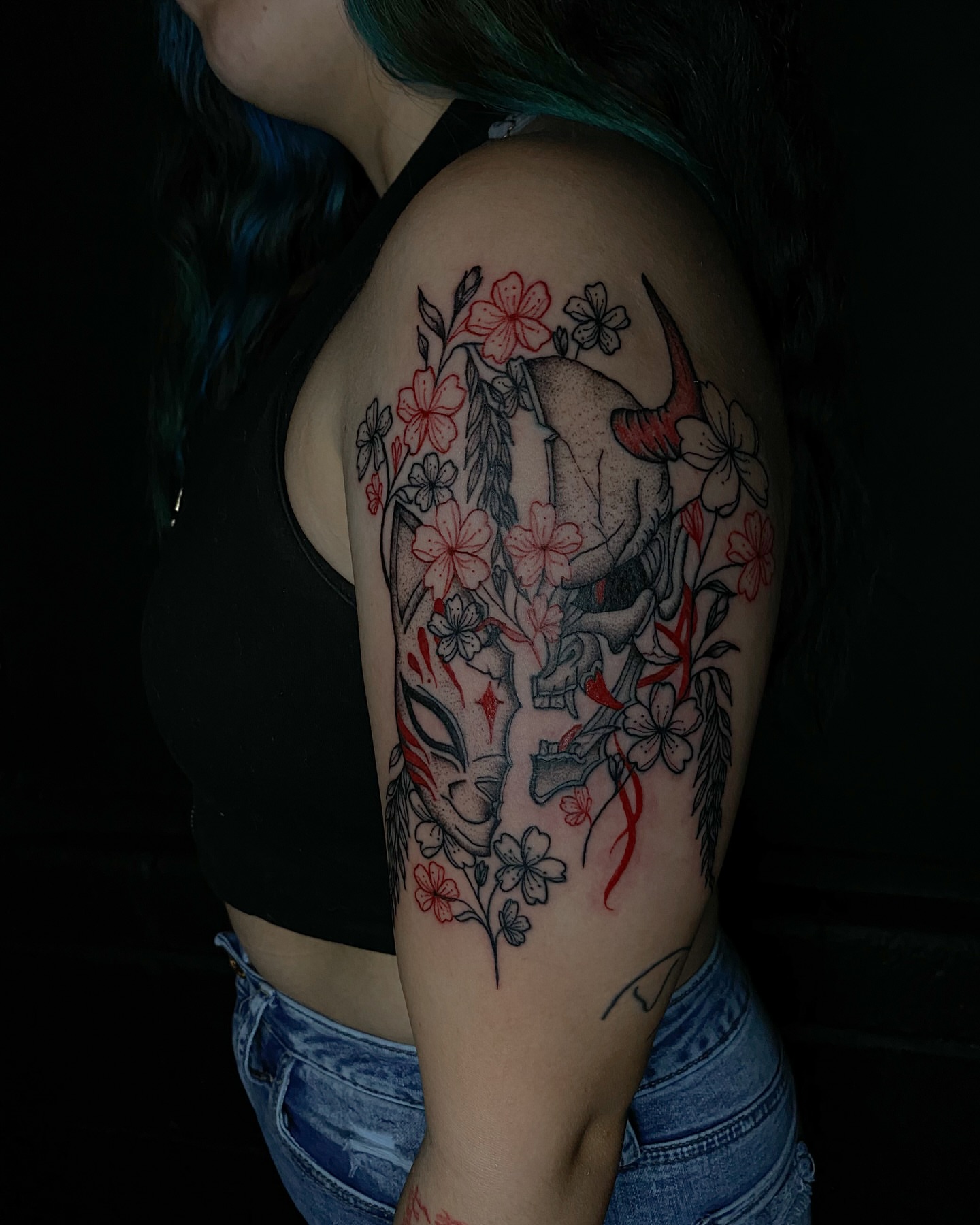 Bull skull with flowers new school tattoo on the shoulder by @inkspirationtattoo_co