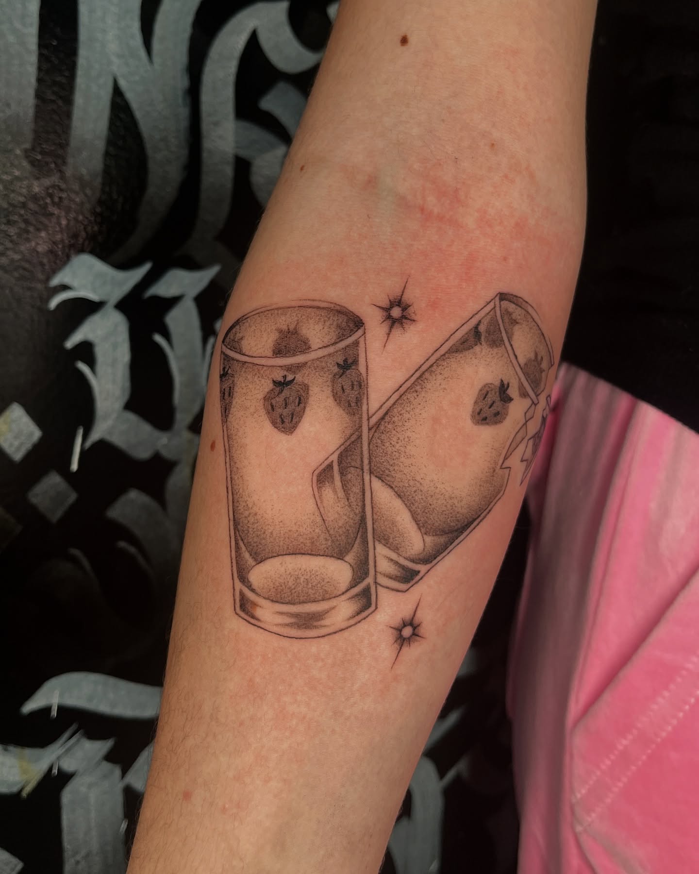 Strawberries and dollar bill dotwork tattoo on the forearm by soph ଘ(੭ˊᵕˋ)੭
