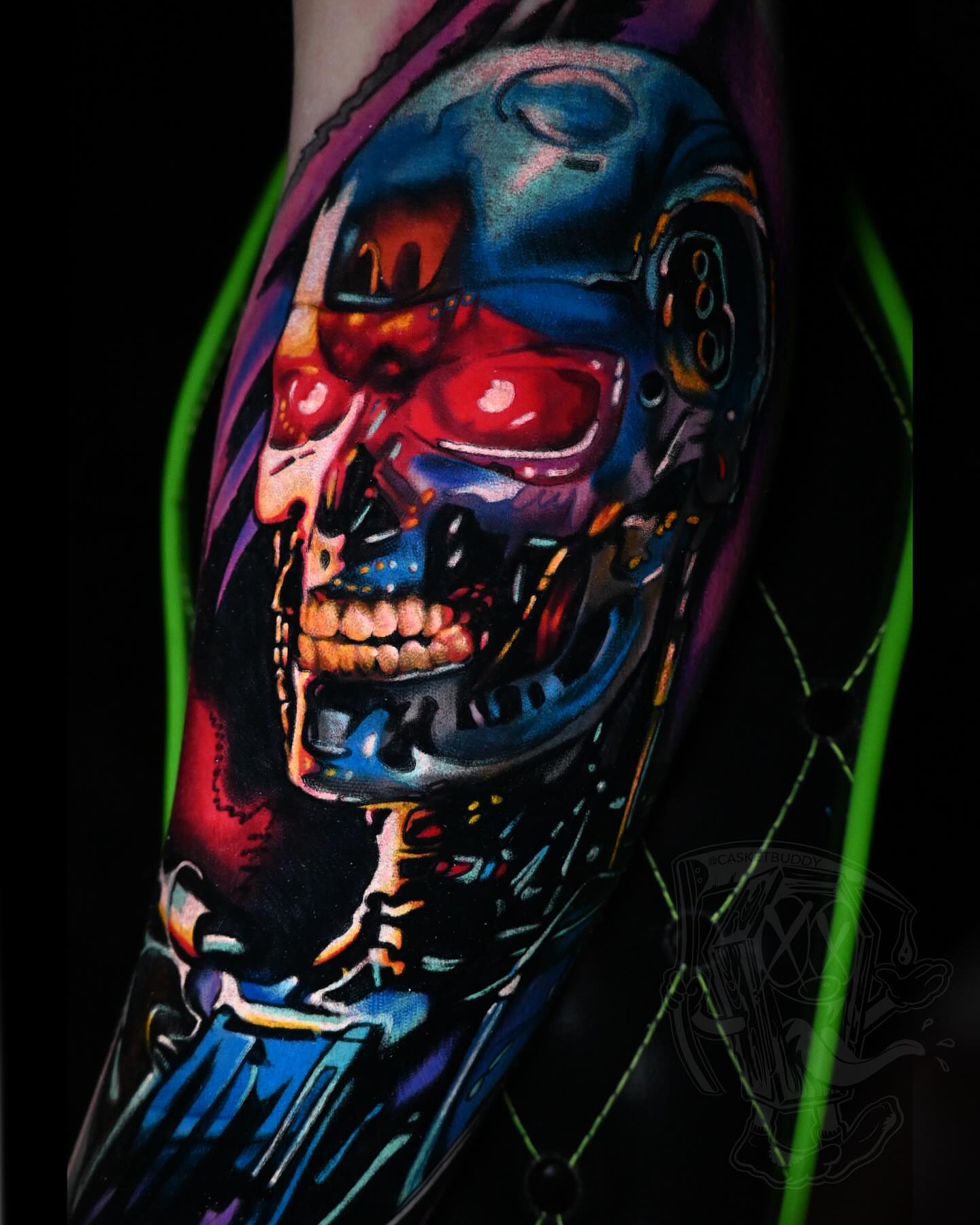 Cyborg skull realism tattoo on the forearm by William Pollock