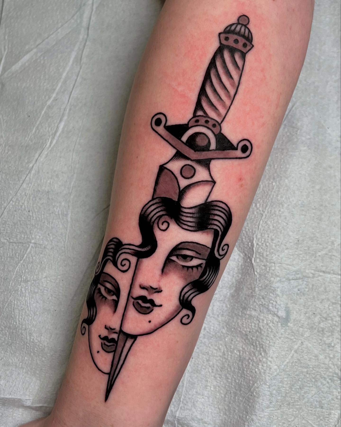 Sword and Medusa heads neo-traditional tattoo on the forearm by Liv :)