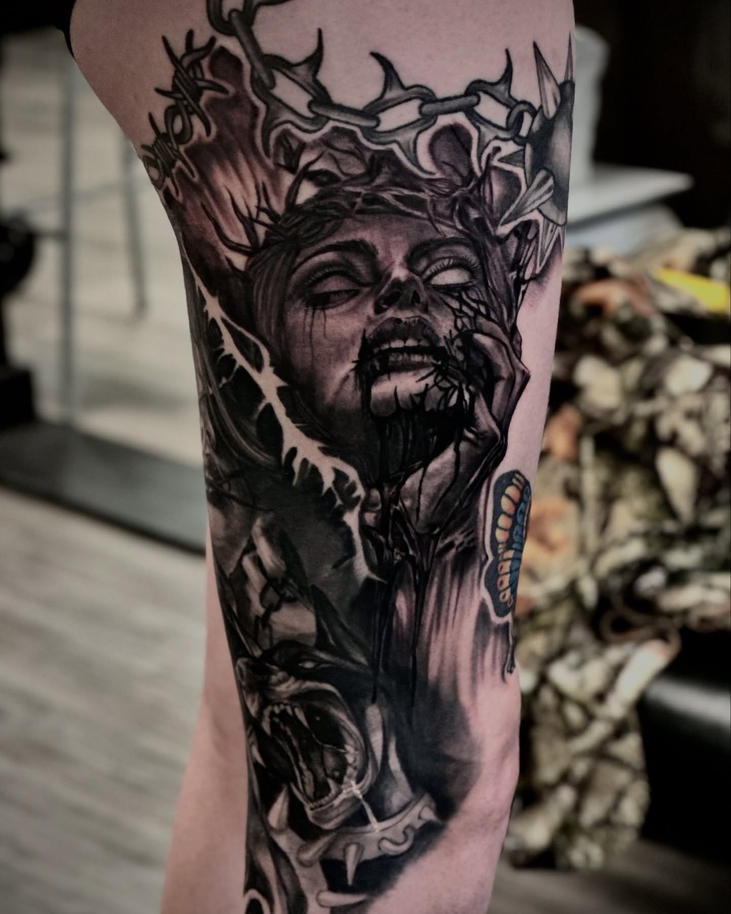 Man with crown of thorns realism tattoo on the forearm by Tattoo Artist Ian Day (Everlasting_Art_Ink)
