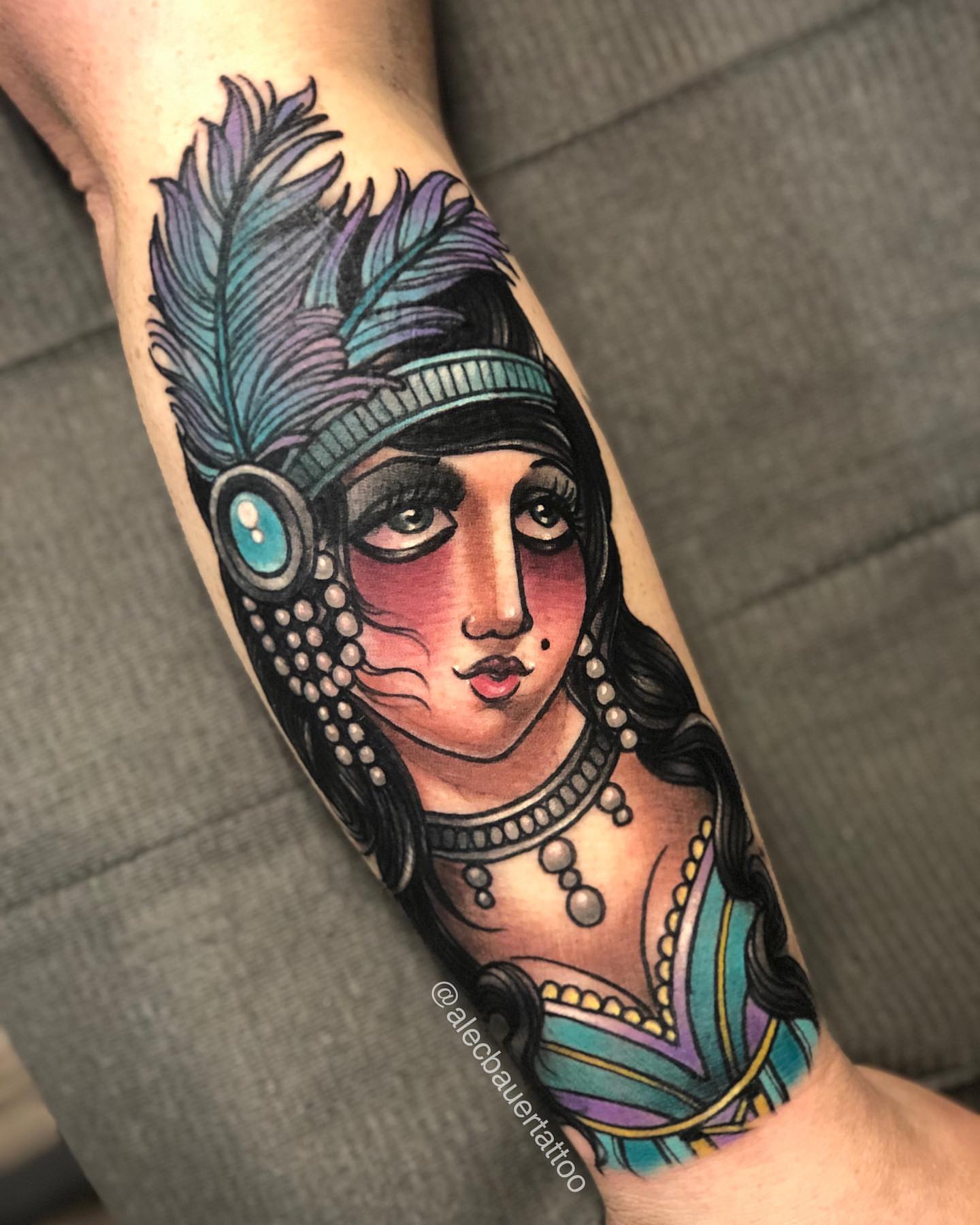 Indian woman American traditional tattoo on the forearm by Alec Bauer