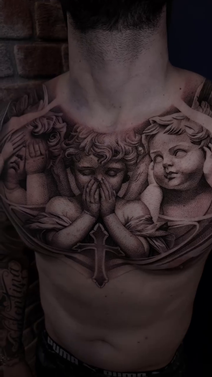 Cherubs and a cross realism tattoo by Ana Fajardo