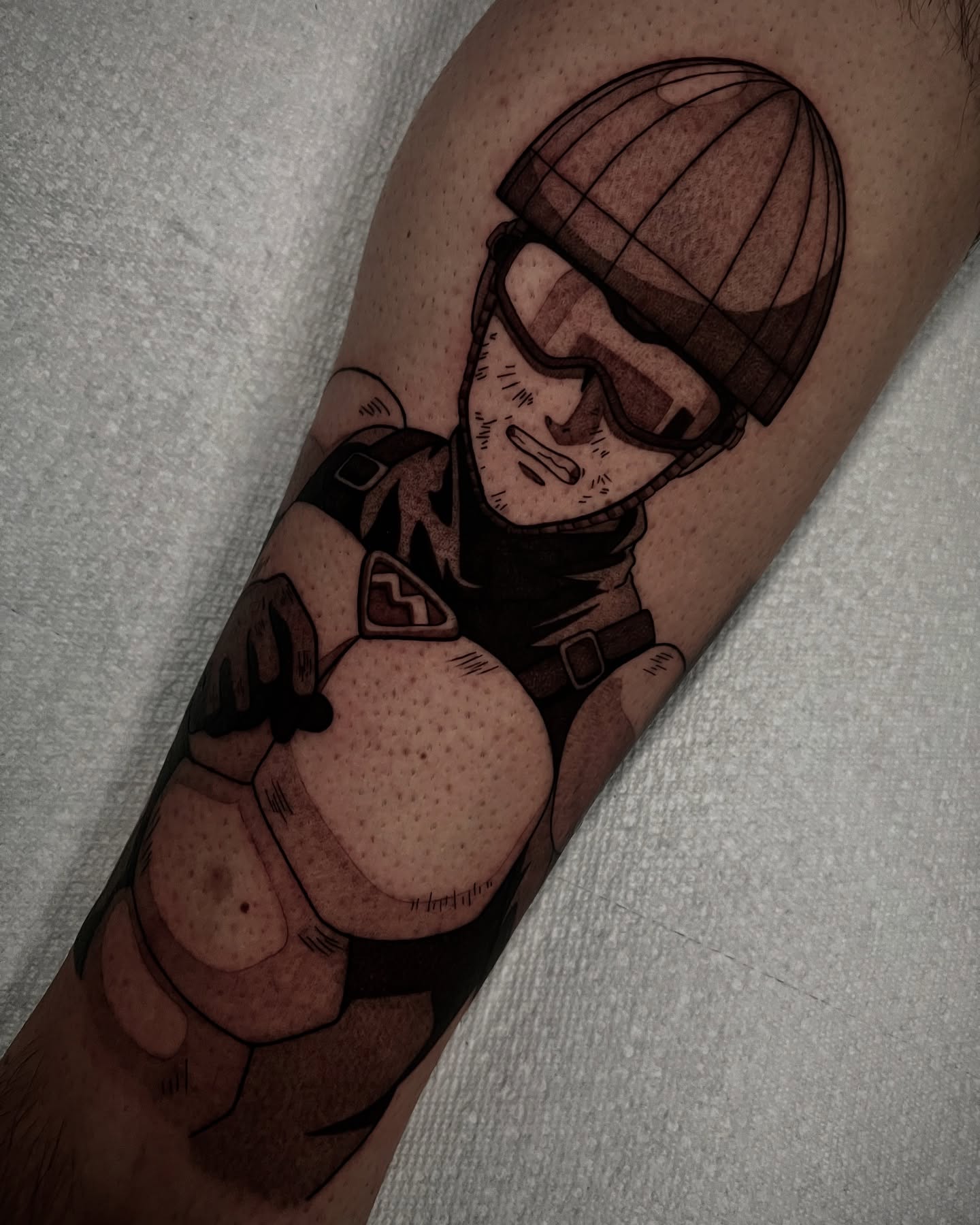 Mecha character dotwork tattoo on the forearm by Chandler Roe