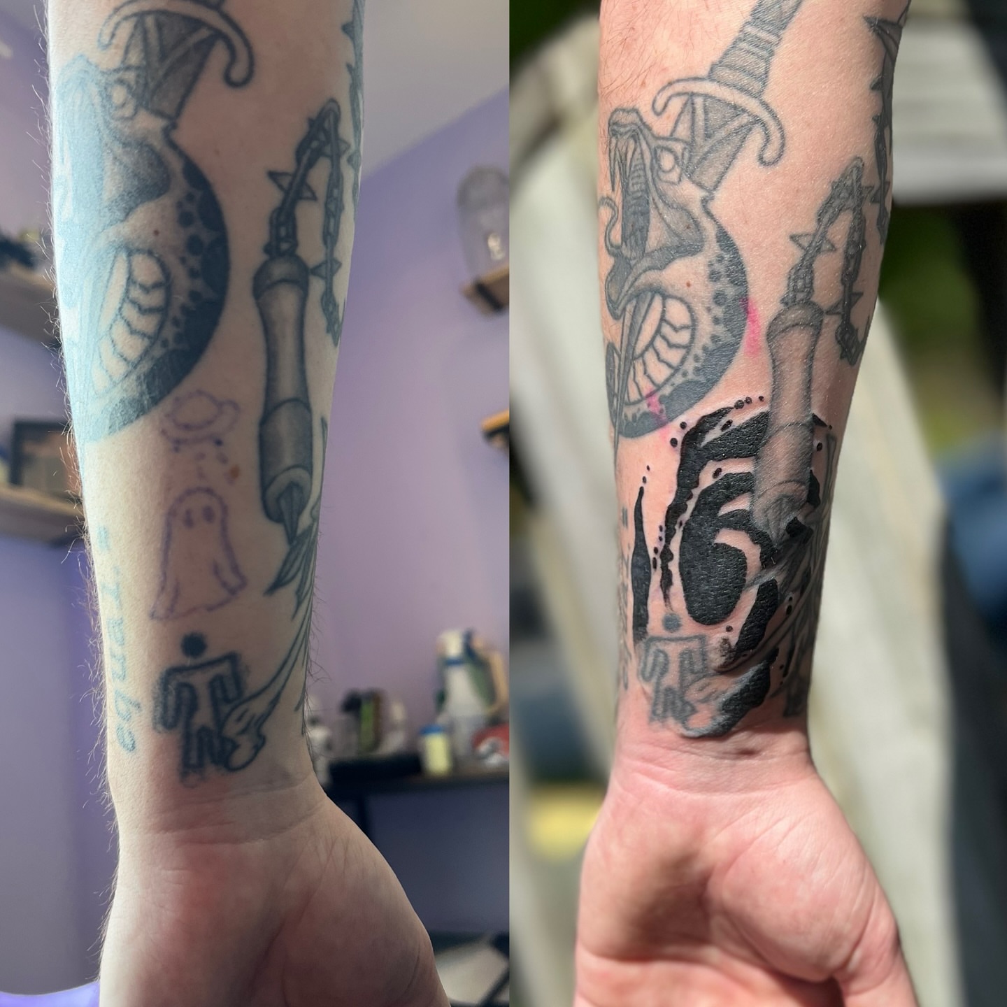 Sword and ghost black and grey tattoo on the forearm by Rose DeLisse
