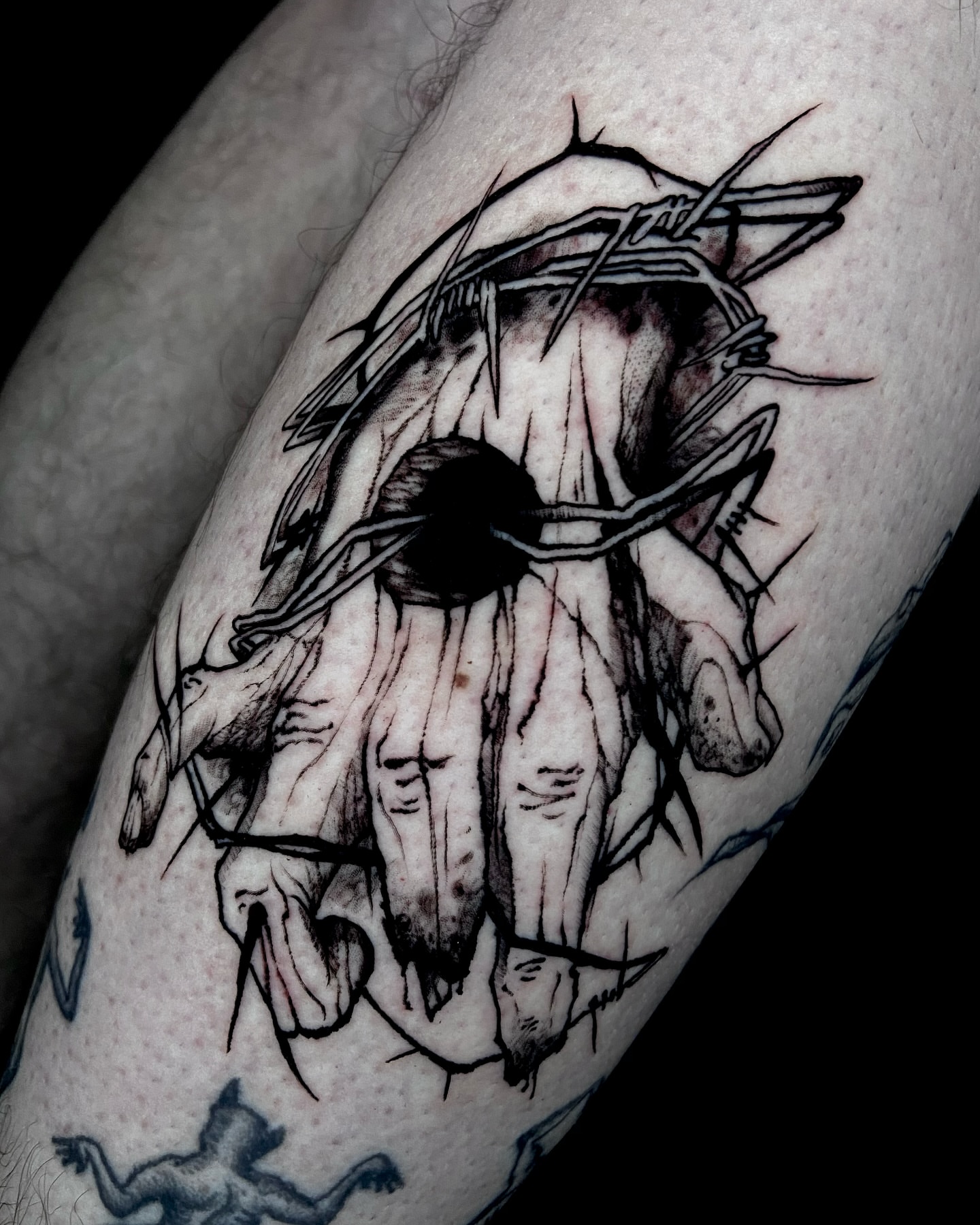 Crucifixion scene realism tattoo on the forearm by Nathan
