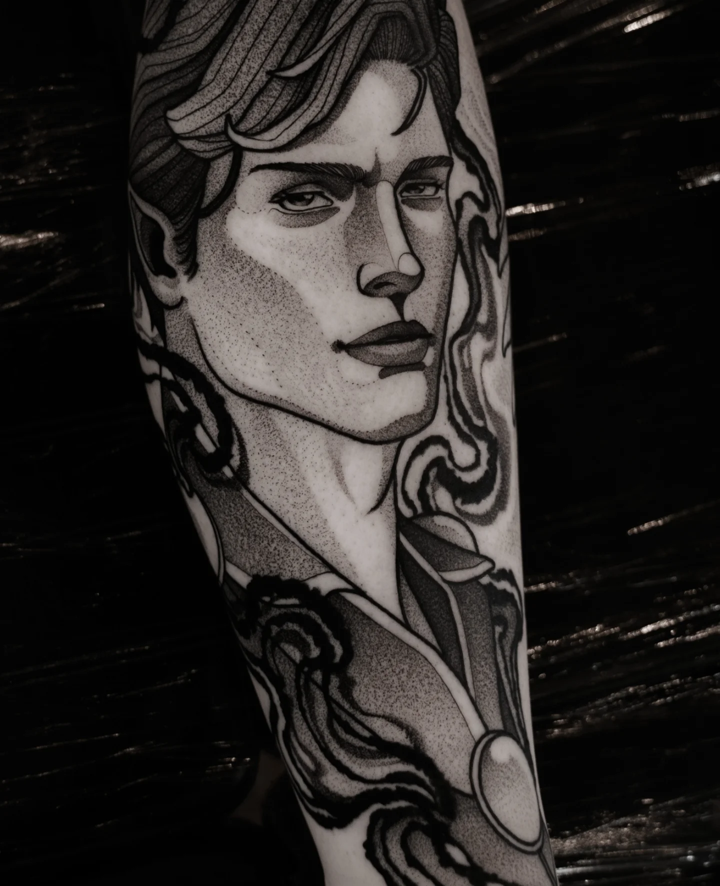Portrait dotwork tattoo on the forearm by Craig St Peter, Kansas City, Missouri