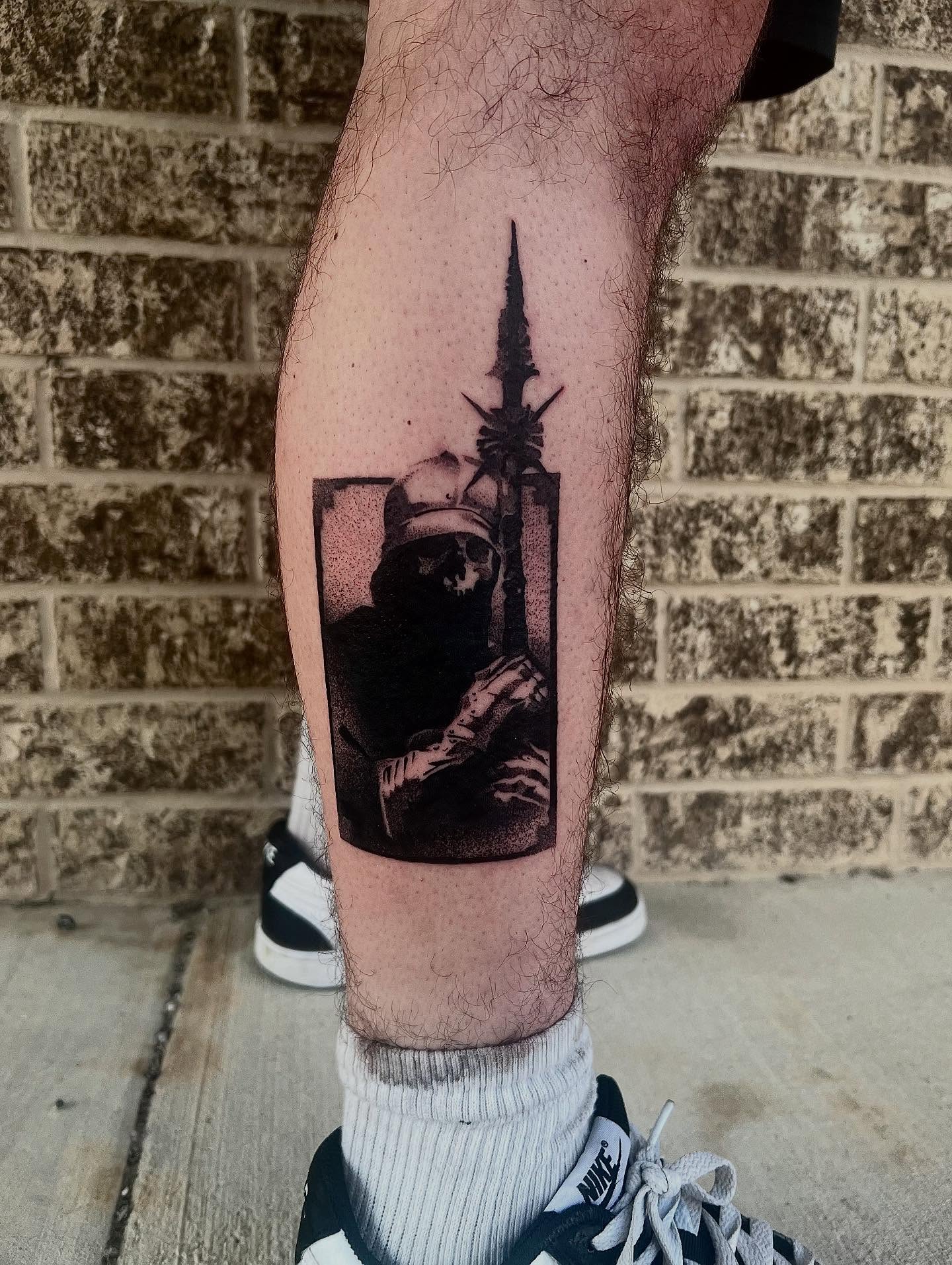 Soldier with rifle black and grey tattoo on the leg by ty ☆ nbtx tattoo artist