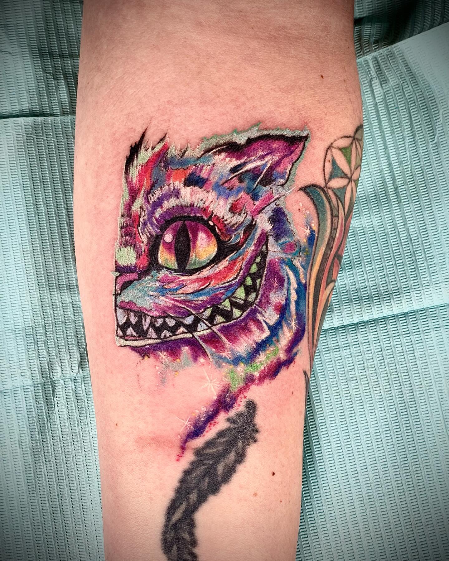 Cat new school tattoo on the forearm by Chris Klee
