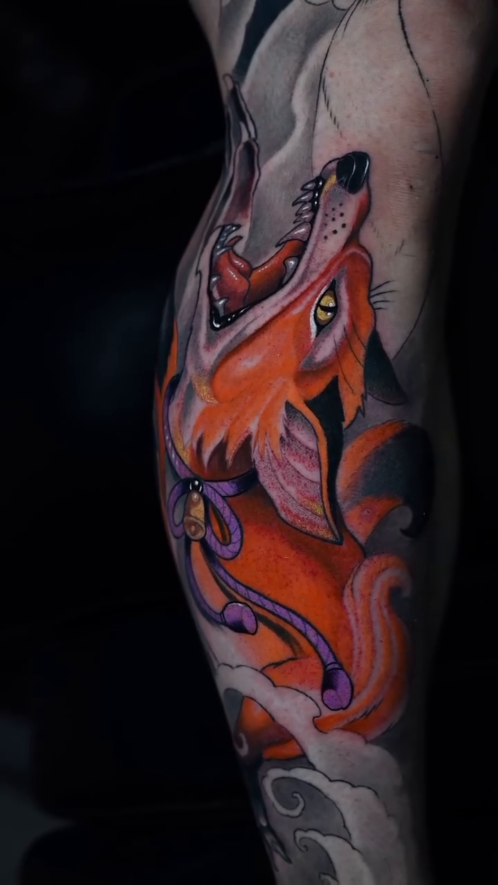 Fox with bell japanese irezumi tattoo by Tam Nguyen