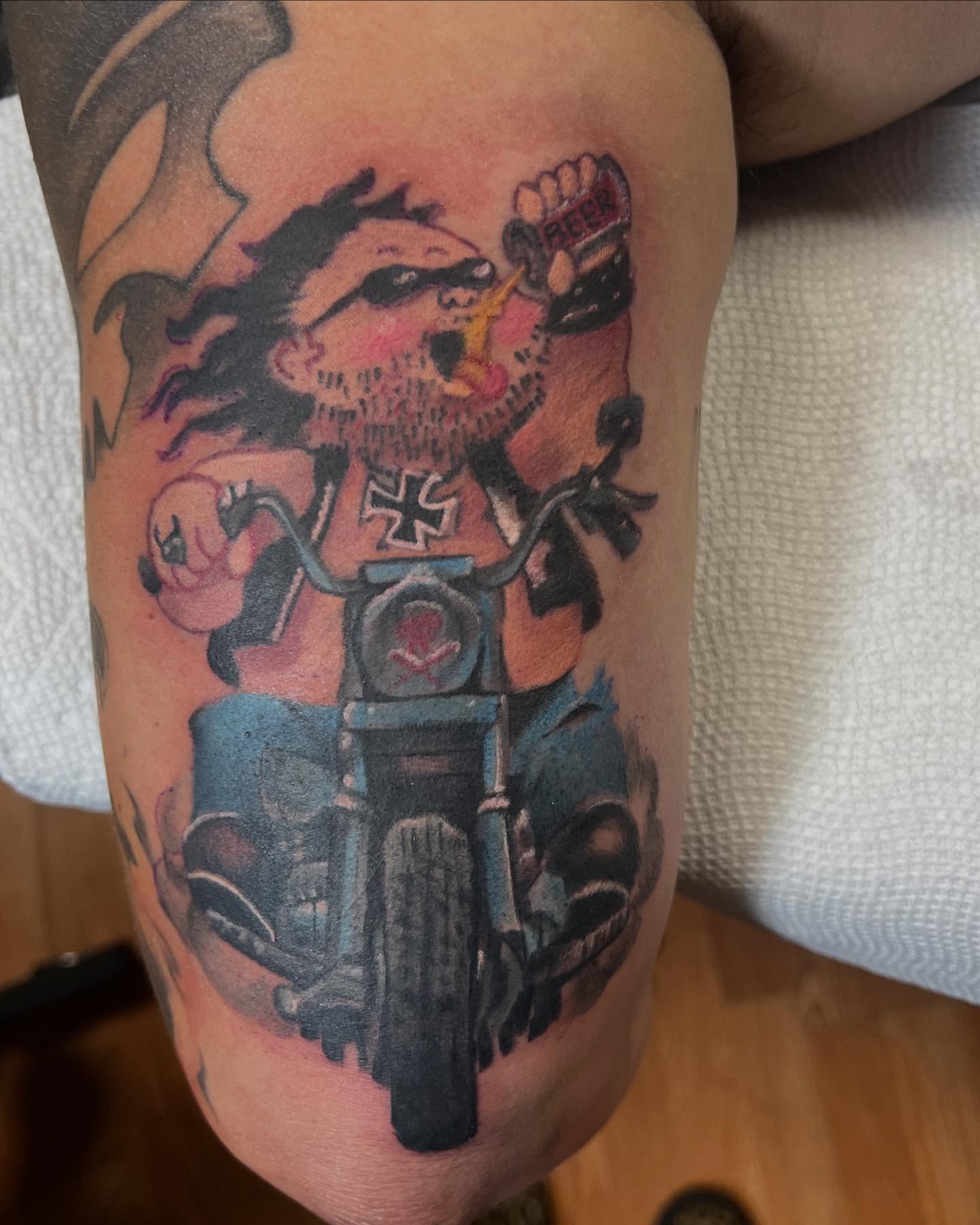 Motorcycle rider American traditional tattoo on the forearm by Katie Sayre