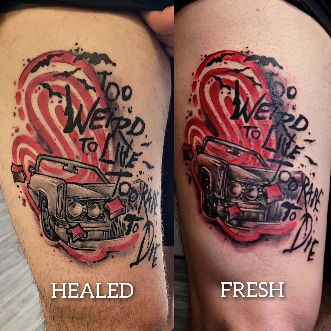 Tattoo by @dawnetattoos — trash_polka, lettering_script