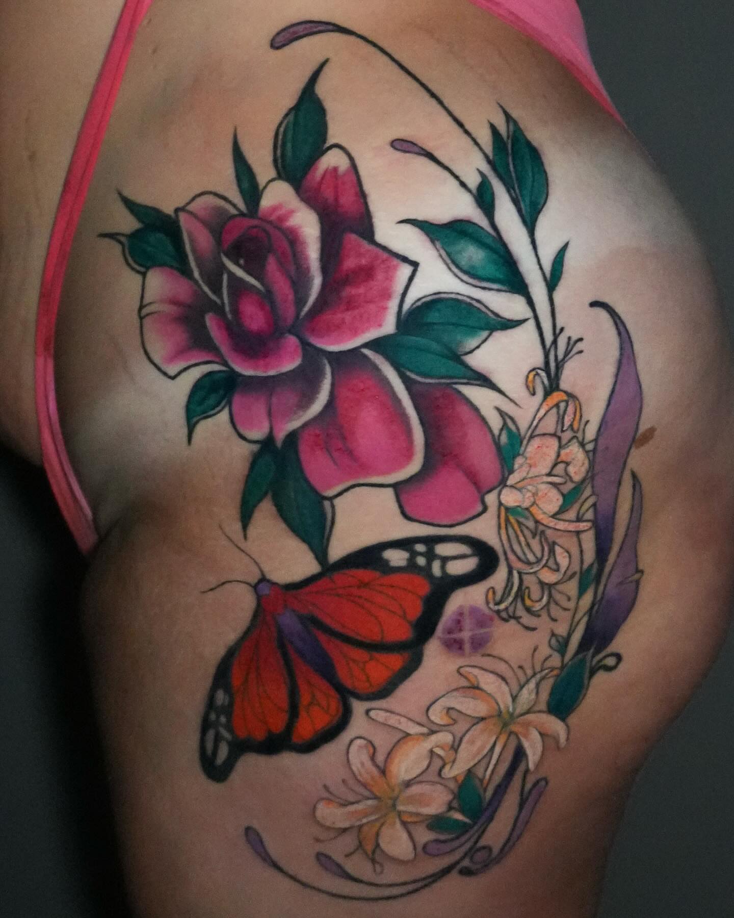 Butterfly and flowers American traditional tattoo on the thigh by Sophie ✨ Nashville Tattoo Artist ✨