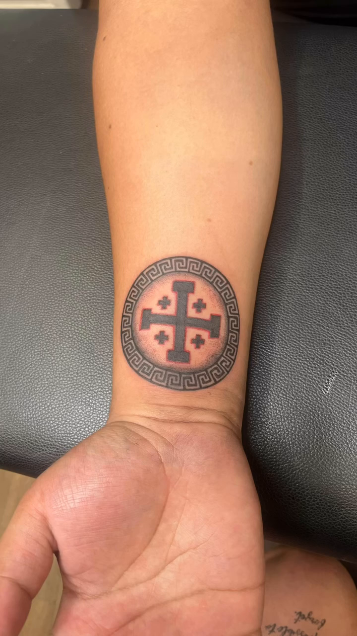 Celtic cross with knotwork geometric tattoo by Ink by Hailey π