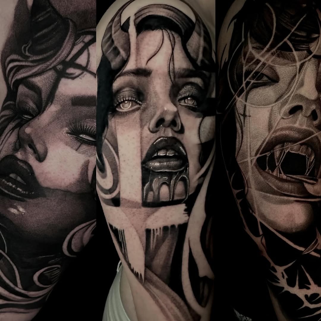 Demonic faces realism tattoo on the forearm by Mandi Marie, Charlotte, North Carolina
