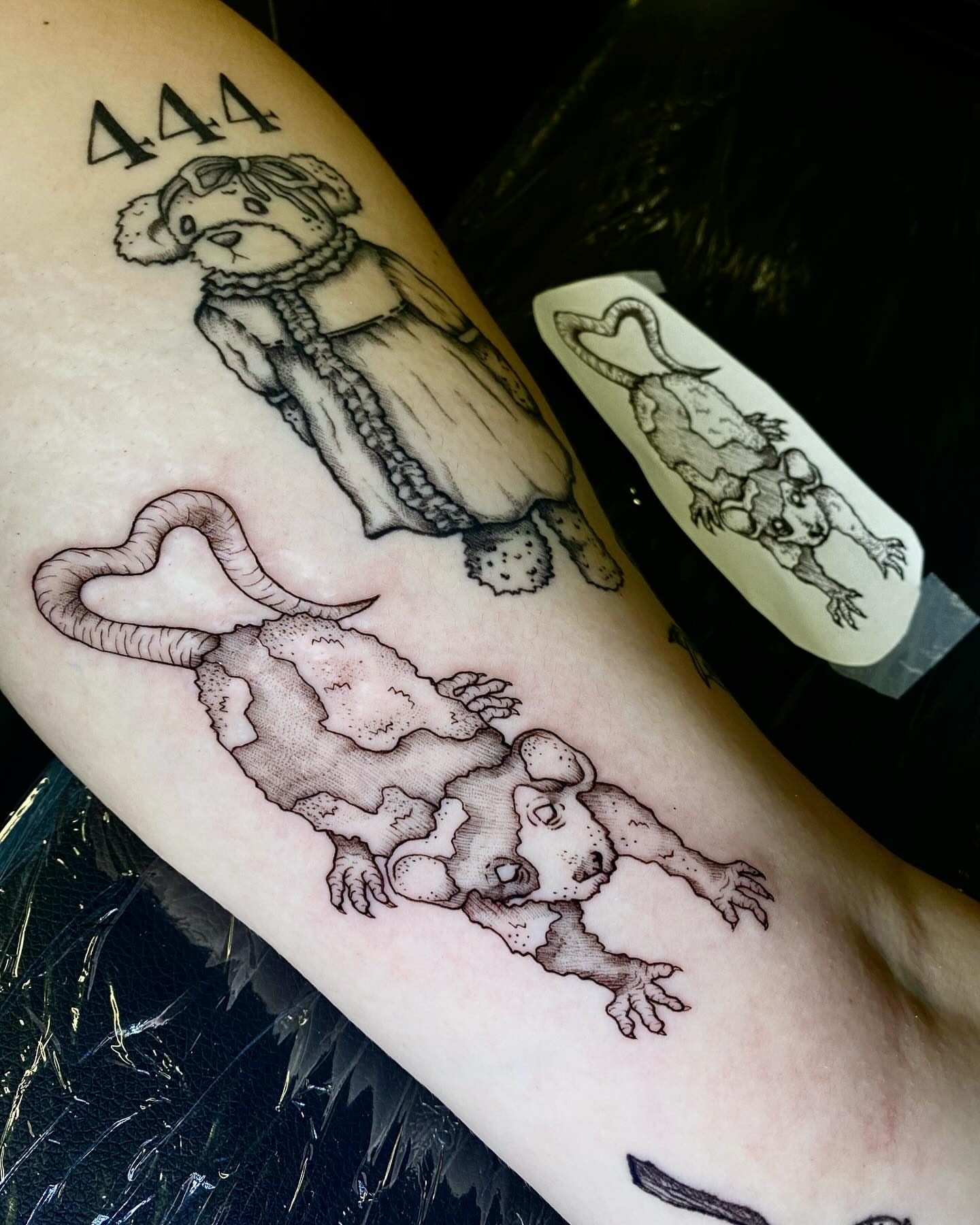 Bear and lizard black and grey tattoo on the forearm by Tyla Pistak, Seattle, Washington