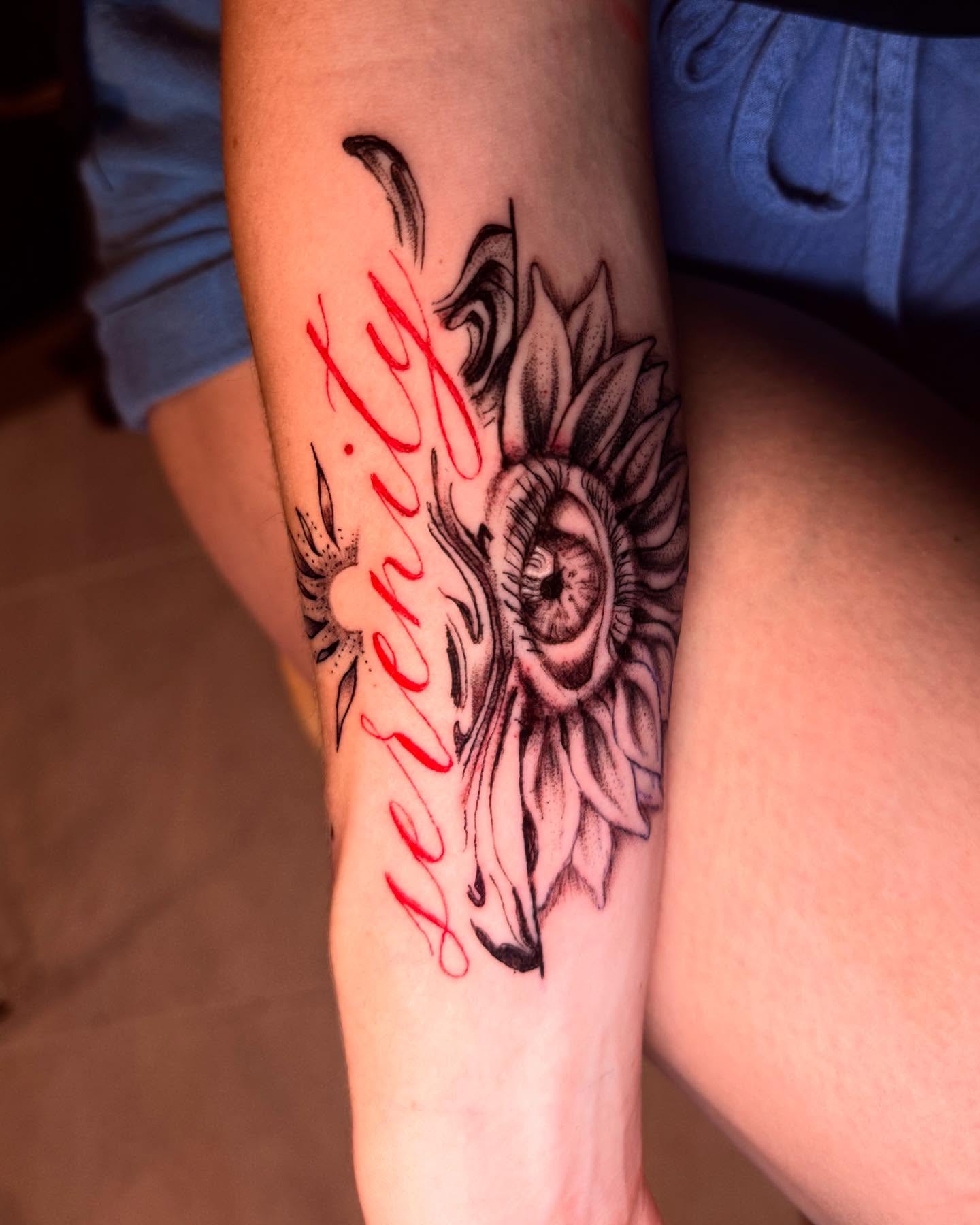 Sunflower black and grey tattoo on the forearm by Pikashi 🎨🖌️🖤