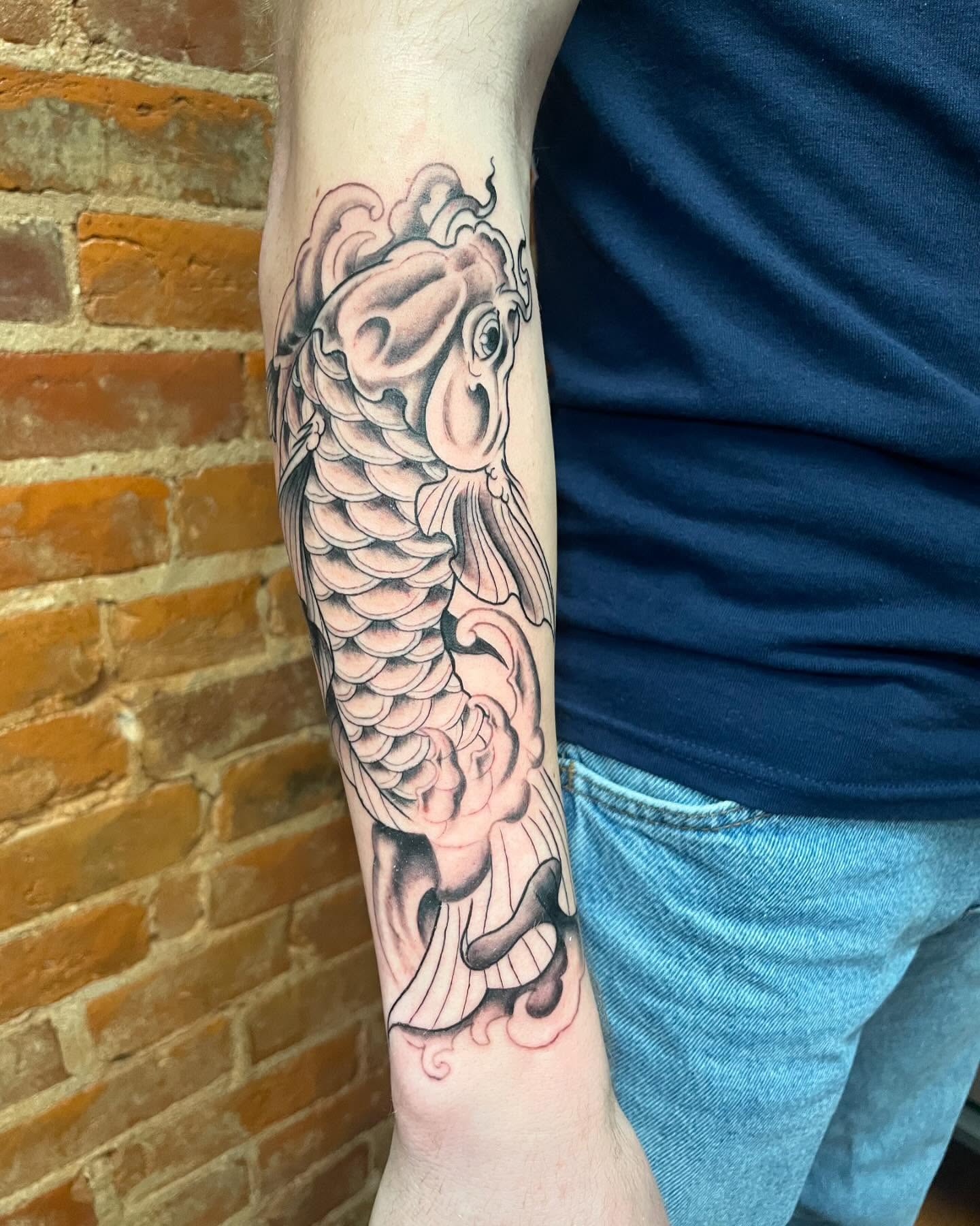 Koi fish japanese irezumi tattoo on the forearm by Auzzy the Ink Pirate, Mansfield, Ohio