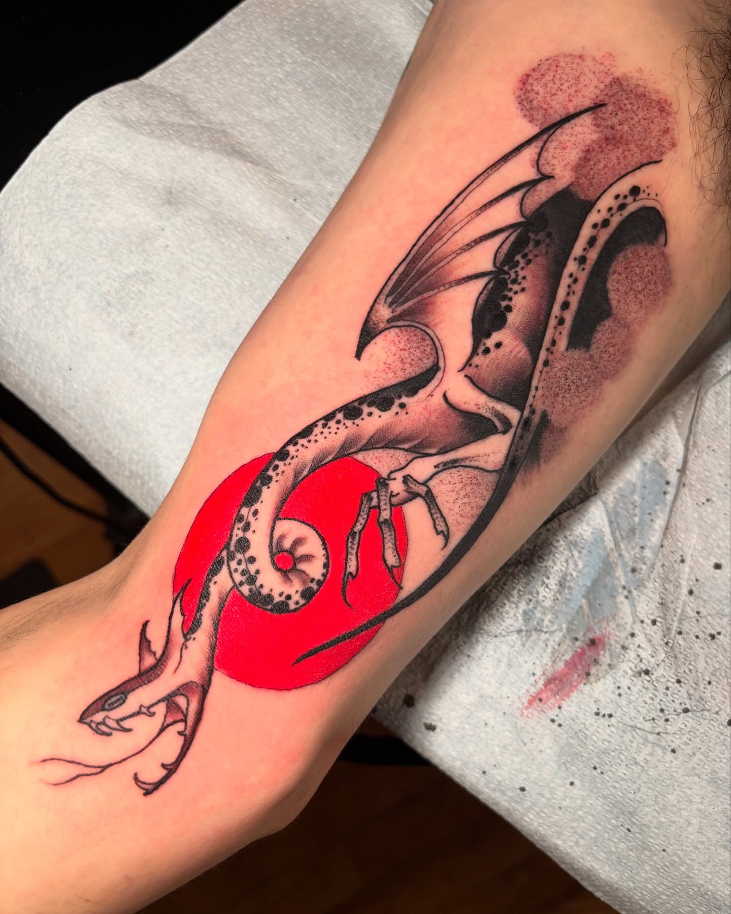 Dragon dotwork tattoo on the forearm by Matt Stolzenburg