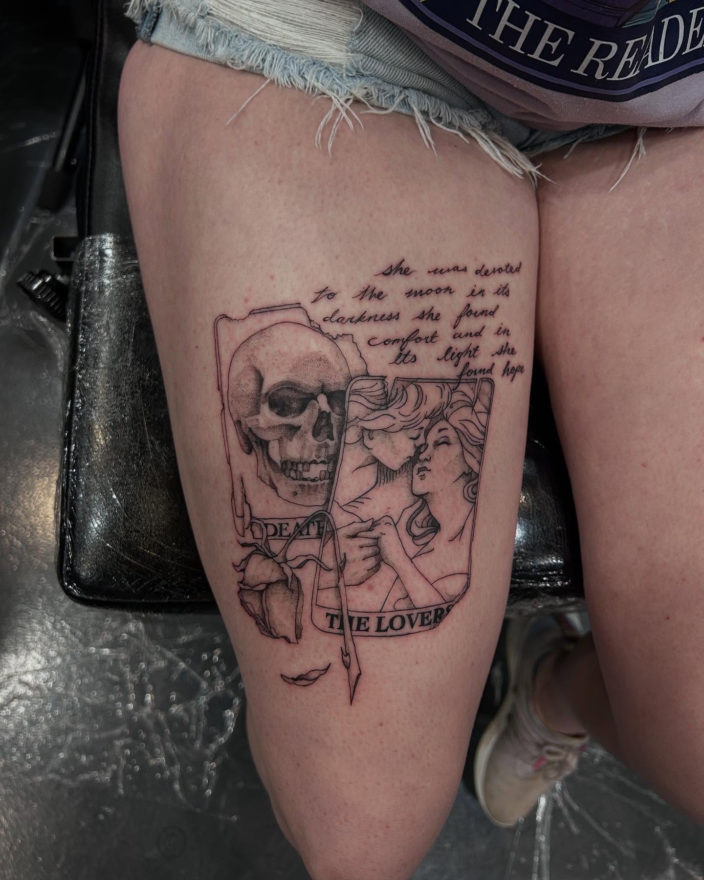 Death card realism tattoo on the thigh by Kipling Mcclellan