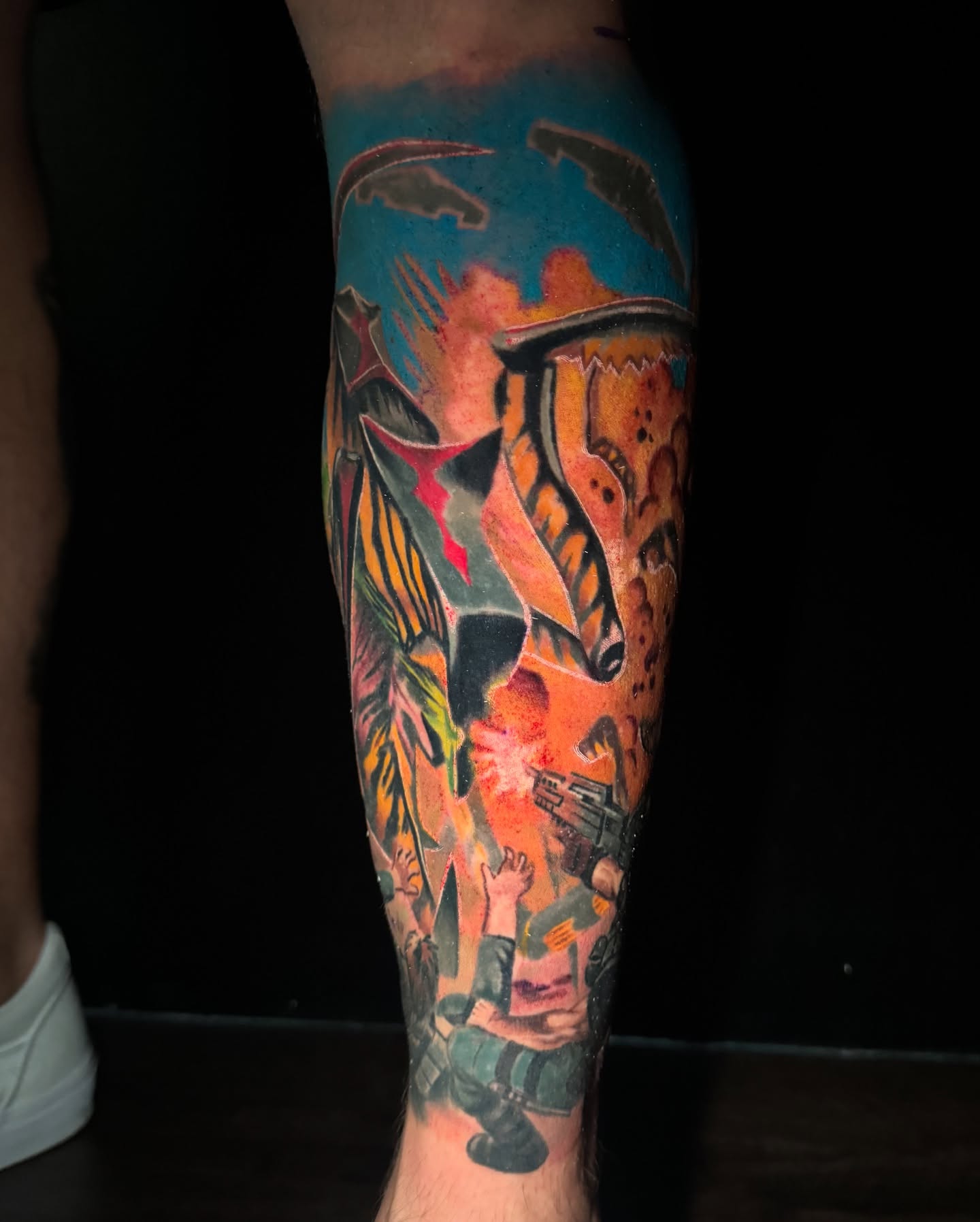 Warrior and dragon new school tattoo on the calf by Mary Blake Tattoos, Franklin, Tennessee