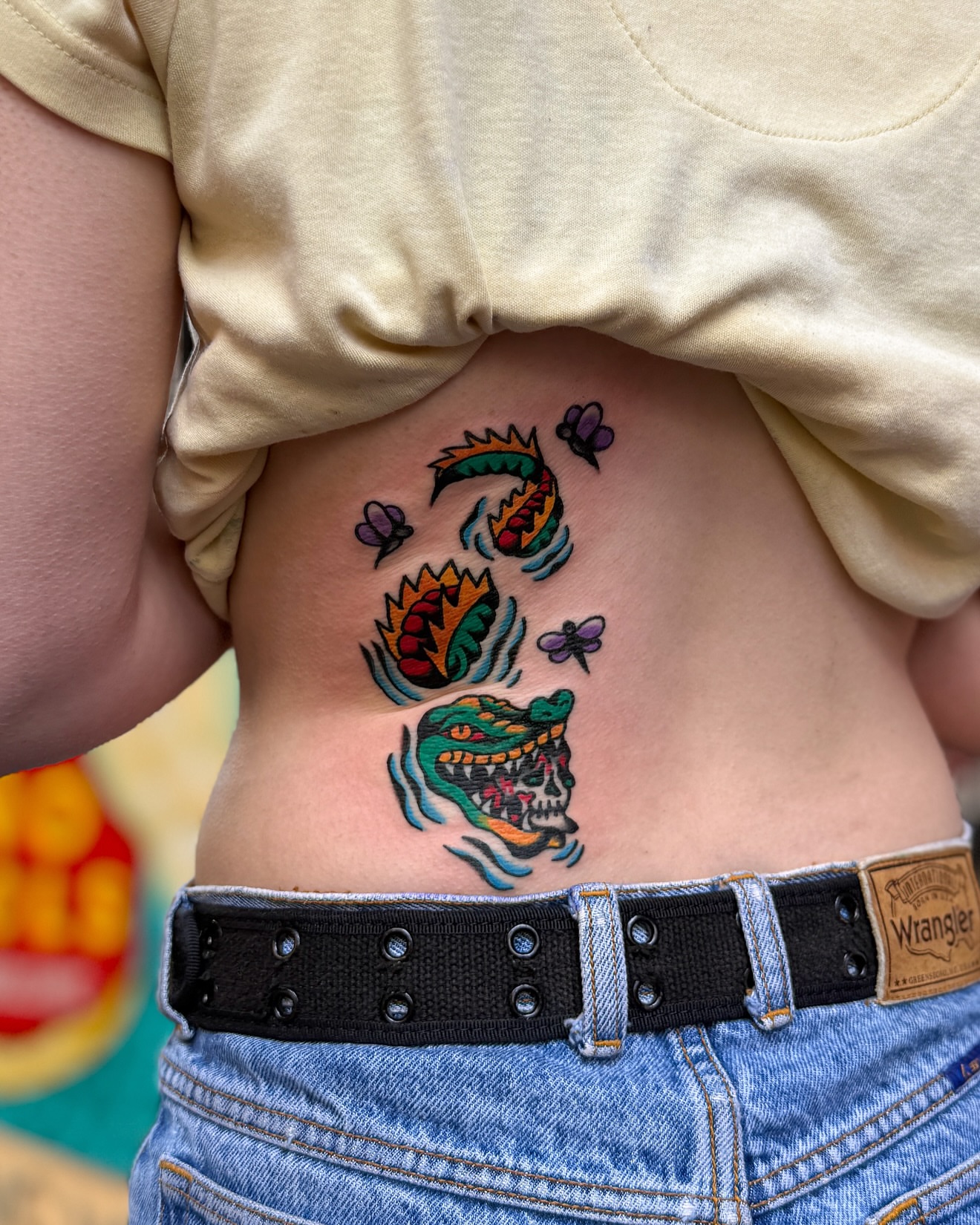 Alligator skull American traditional tattoo on the ribs by οΌππ¨ππ¨οΌ, New York, New York
