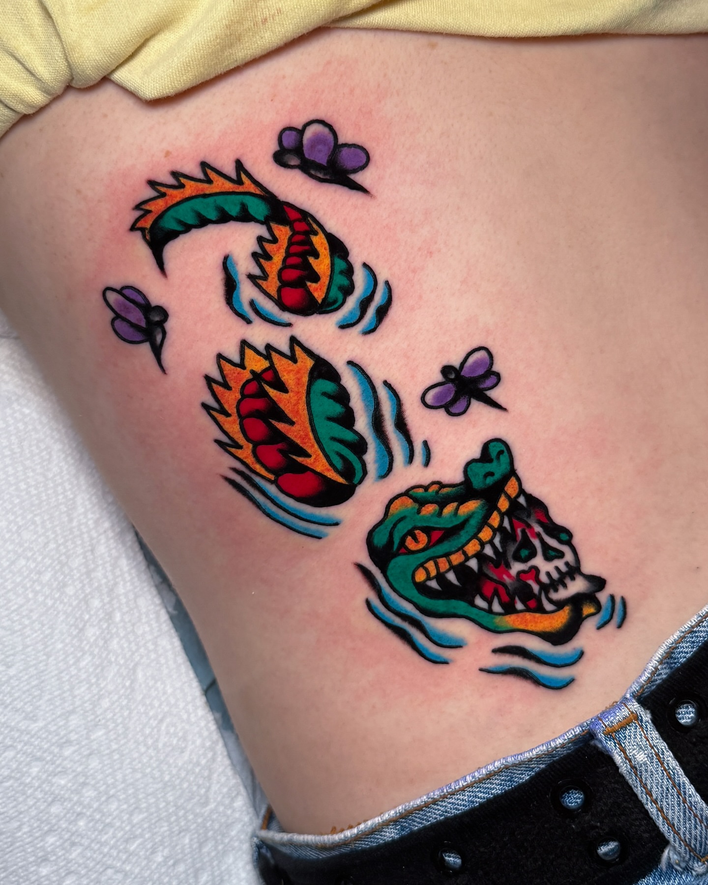 Alligator skull American traditional tattoo on the thigh by οΌππ¨ππ¨οΌ, New York, New York