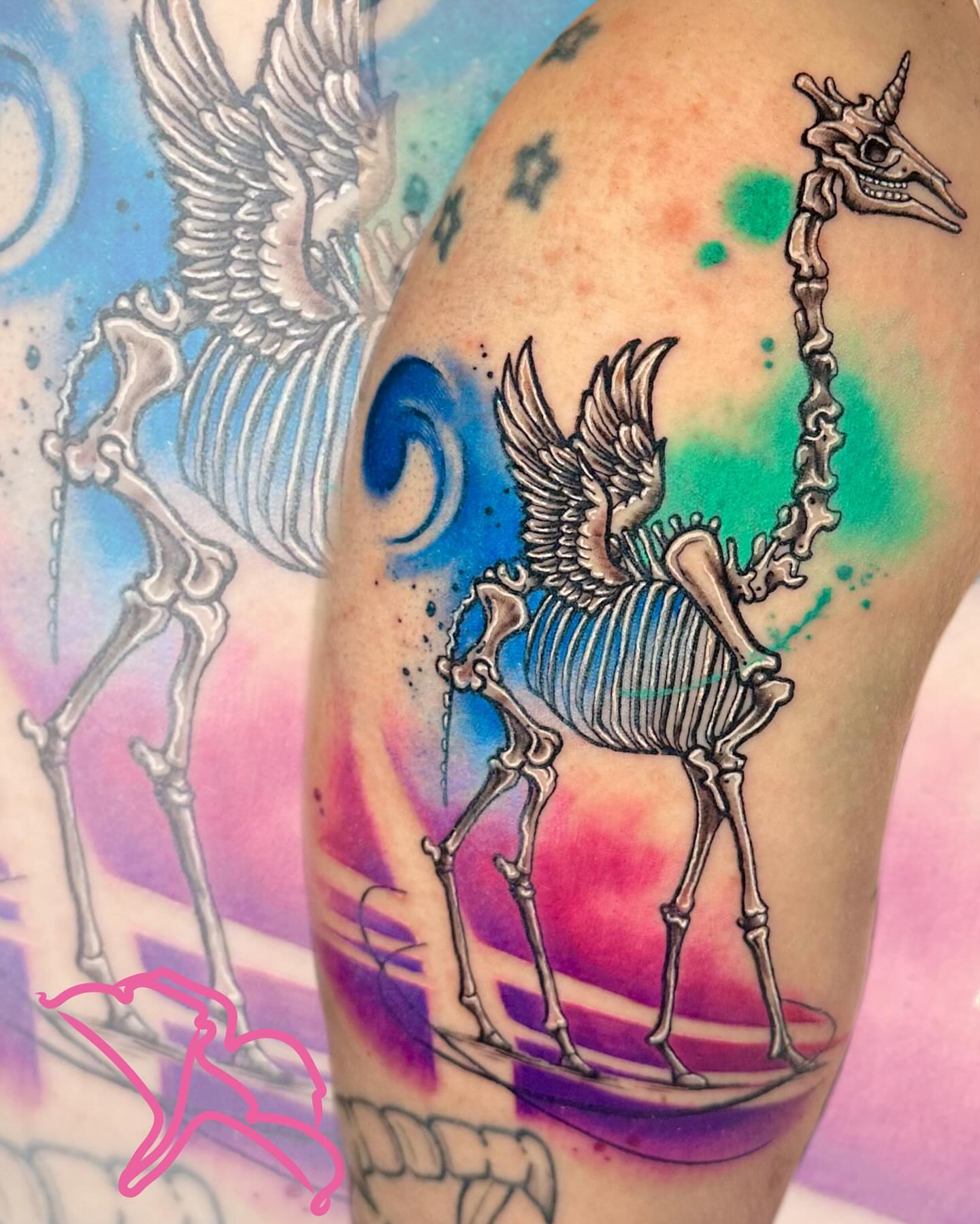 Skeleton pegasus dotwork tattoo on the upper arm by Alena Petunia