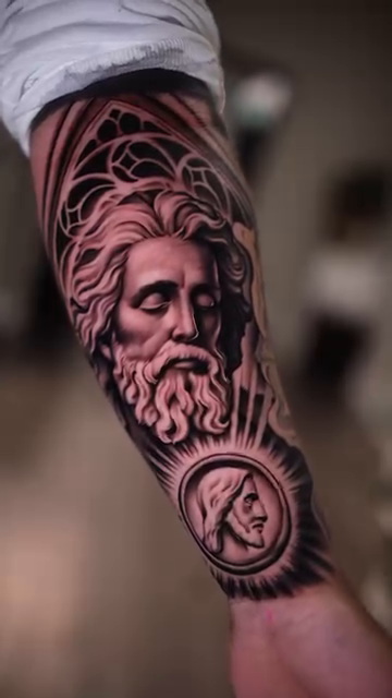 Bearded man portrait and medallion realism tattoo by Esto