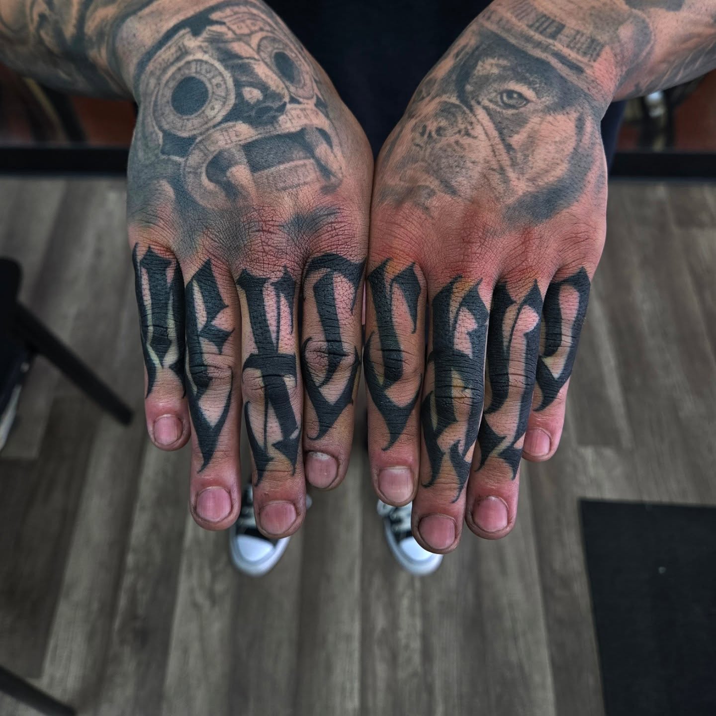 Lettering black and grey tattoo on the hand by DiazTattoos, Denver, Colorado