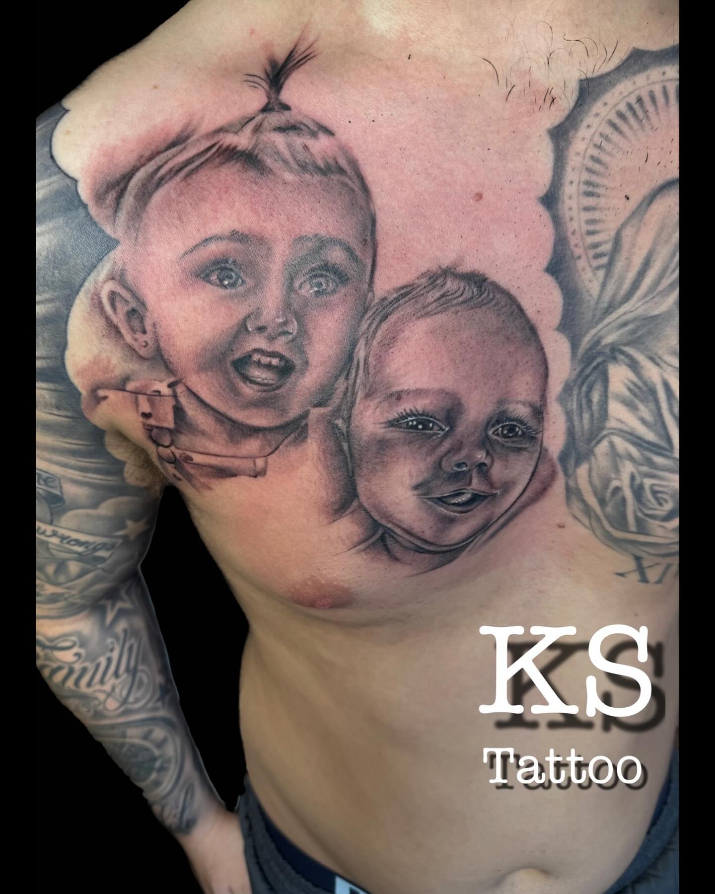 Babies realism tattoo on the chest by Karen Smith
