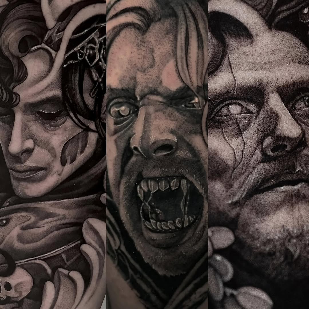 Portraits of figures realism tattoo on the forearm by Mandi Marie, Charlotte, North Carolina